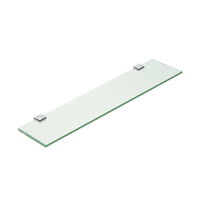 Product Cut out image of the Origins Living Pier 600mm Clear Glass Shelf with chrome brackets